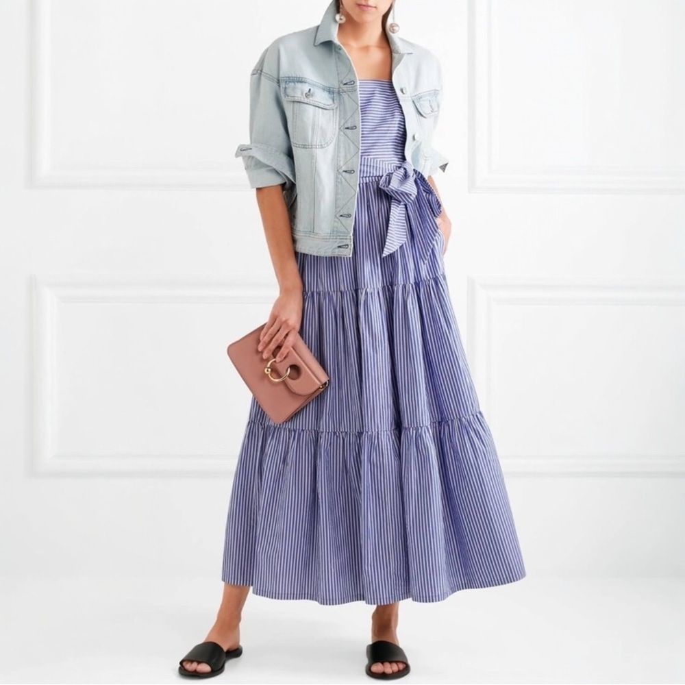 J Crew Cotton Poplin Tiered Maxi Dress Size 0 Striped Blue White Tie Waist - Picture 3 of 13